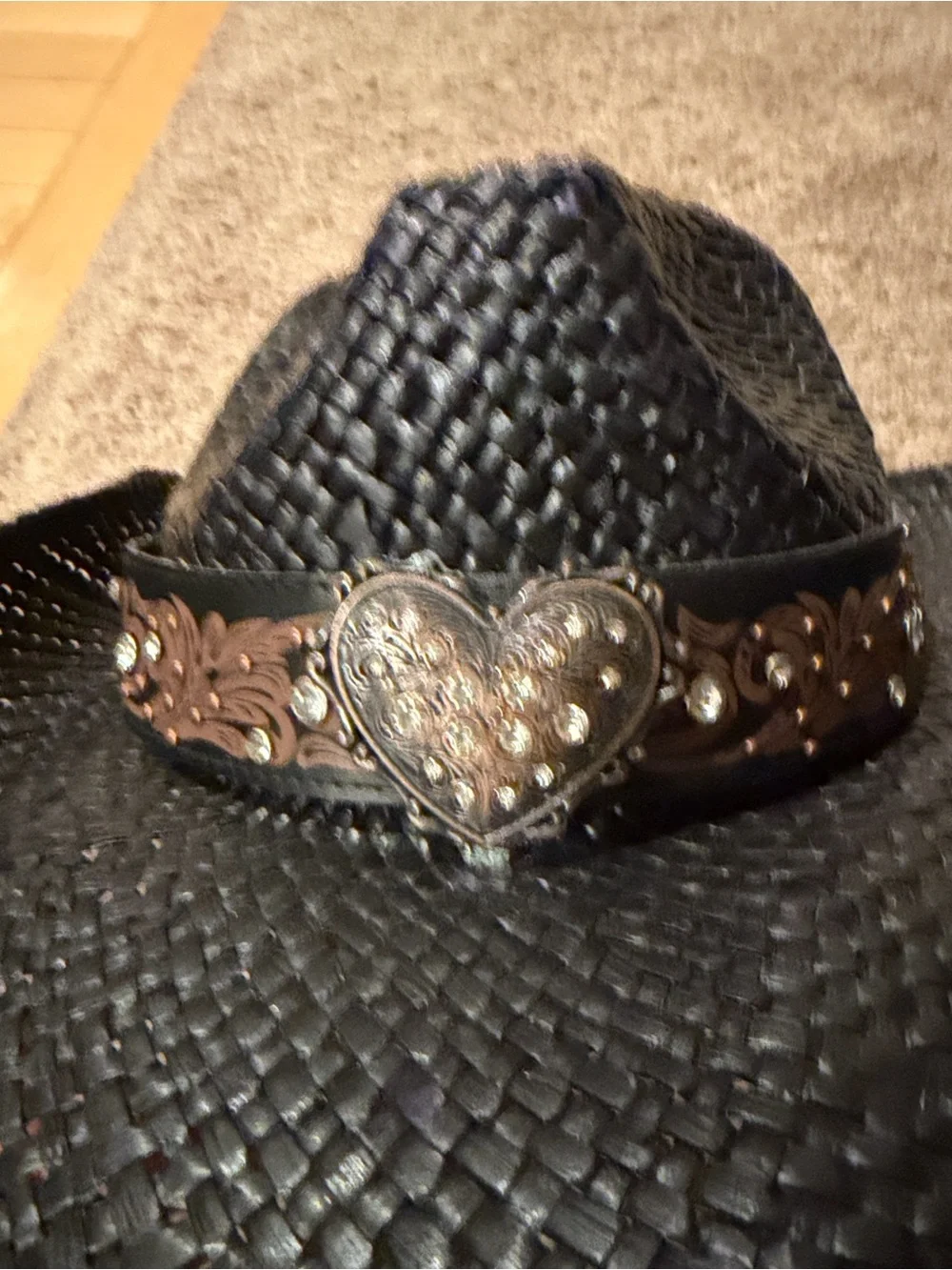 Peter Grimm Black Woven Straw Western Hat with Decorative Brown Band